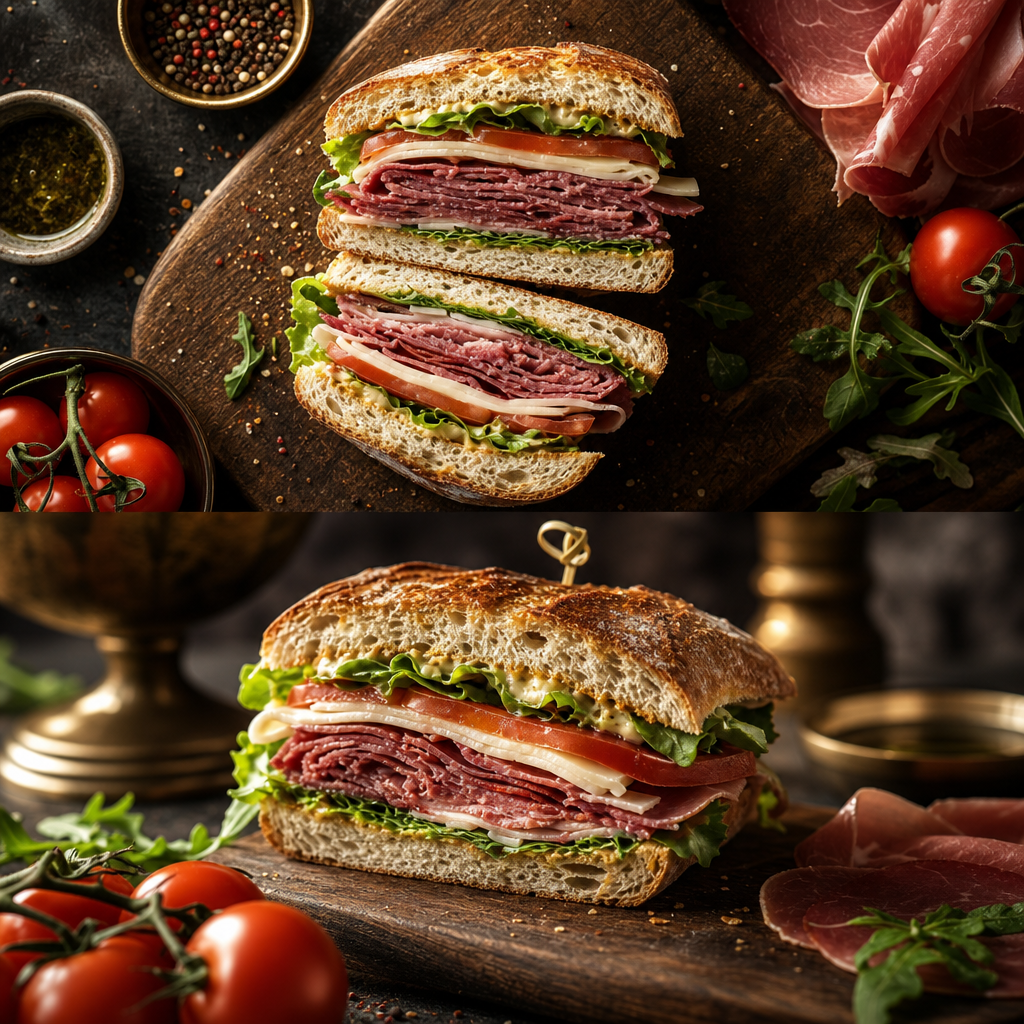 Freshly made signature deli sandwich stacked high with premium meats