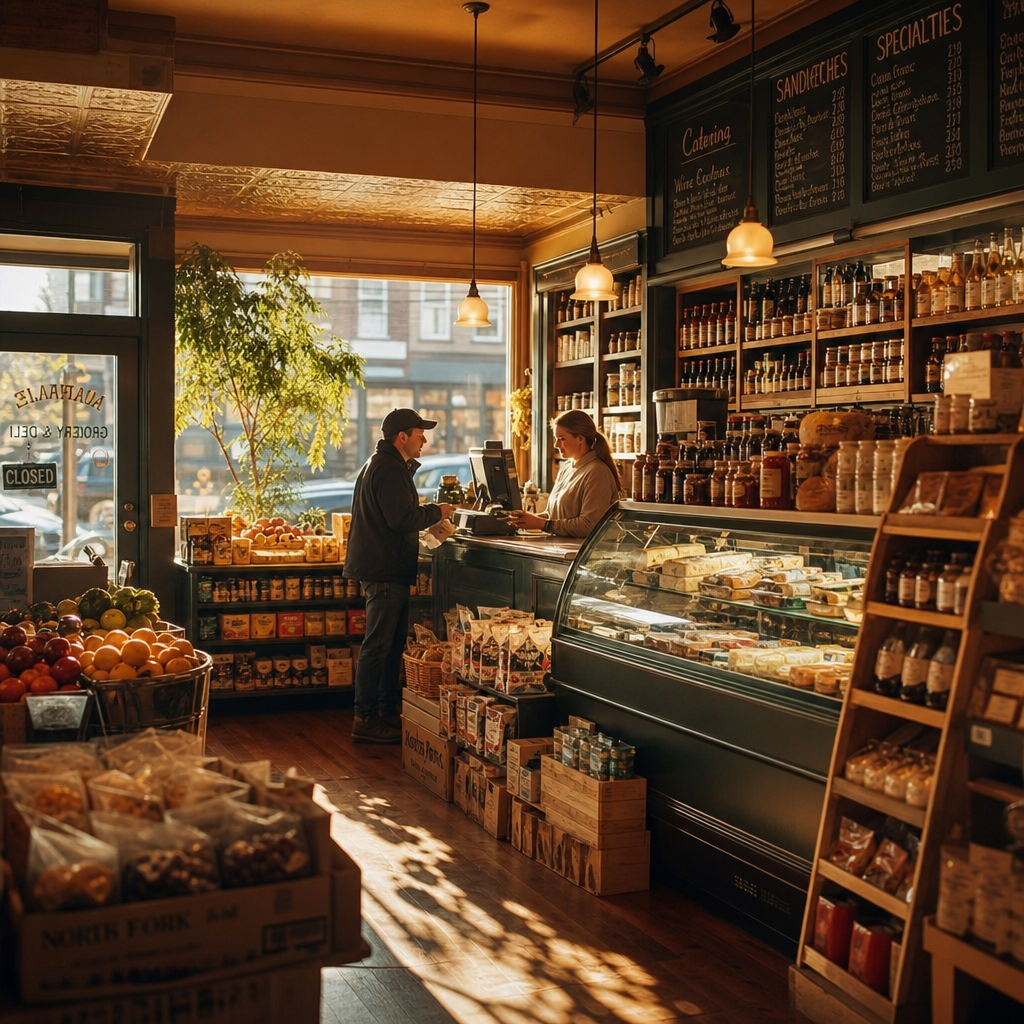 Cozy neighborhood grocery store interior at golden hour
